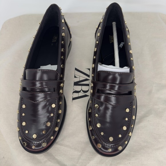 Zara Studded Penny Loafer Shoes Womens Size 7.5 Brown Gold Slip On Flats - Picture 3 of 10